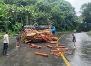 Truk Angkut Kayu Terguling di Tanjakan Baeud Warungkiara, Sopir dan Kernet Selamat