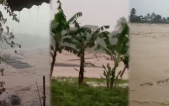 Luapan Sungai Seret Tiang Listrik di Desa Cidadap, Warga Khawatir Air Terus Naik