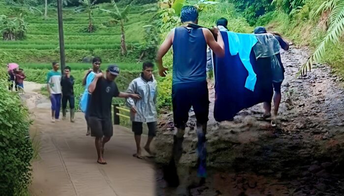 Jalan Rusak Paksa Warga Tandu Ibu Melahirkan di Mangunjaya Waluran