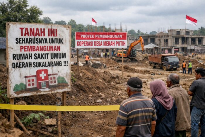 Ilustrasi protes pengubahan peruntukan lahan yang semula untuk RSUD Sukalarang menjadi Koperasi Desa Merah Putih (KDMP).