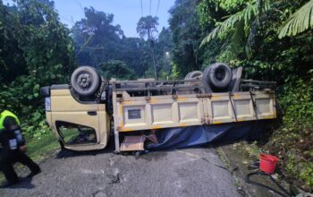 Tak Kuat Menanjak, Truk Granit Terguling di Jalur Palabuhanratu–Cibadak