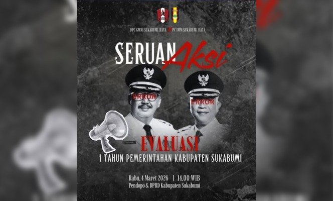 Poster aksi Aliansi Mahasiswa Sukabumi terkait satu tahun kinerja Bupati dan Wabup Sukabumi.