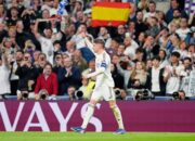 elandang Real Madrid, Federico Valverde merayakan gol ke gawang Manchester City di leg pertama 16 besar Liga Champions, 12 Maret 2026. (c) AP Photo/Jose Breton