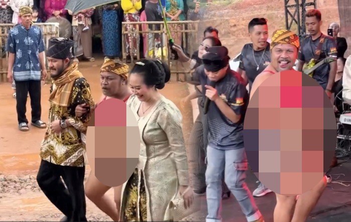 Tangkapan layar dari video viral yang memperlihatkan seorang pria berpakaian minim di tengah prosesi adat di Kasepuhan Gelar Alam, Cisolok, Kabupaten Sukabumi.